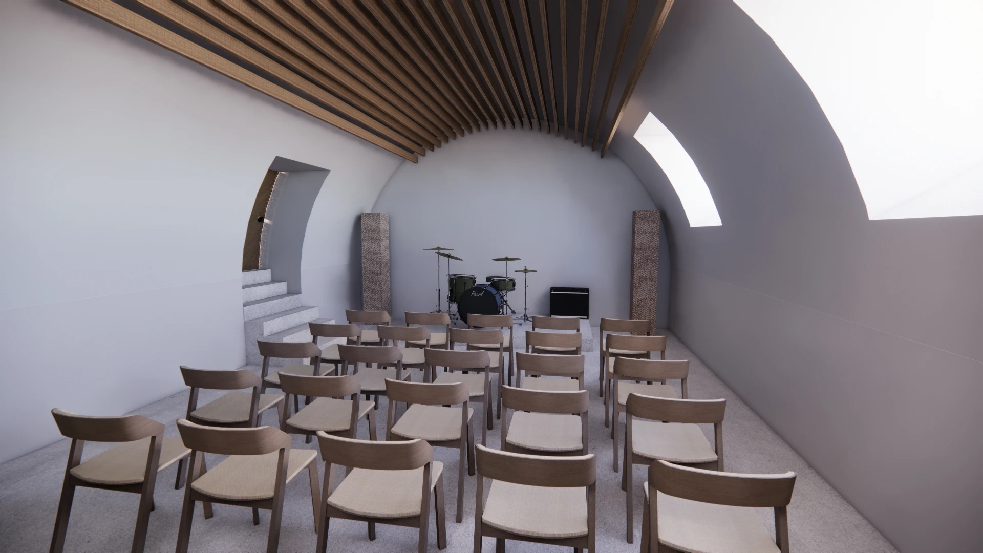 3D-Visualisierung des Gewölbekellers mit längs verlaufenden Akustiklamellen
